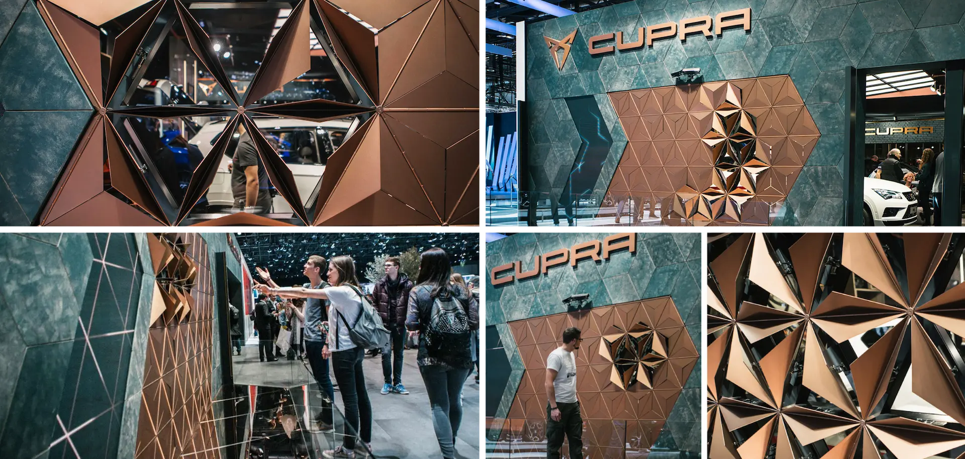 Cupra exhibition stand with copper geometric wall